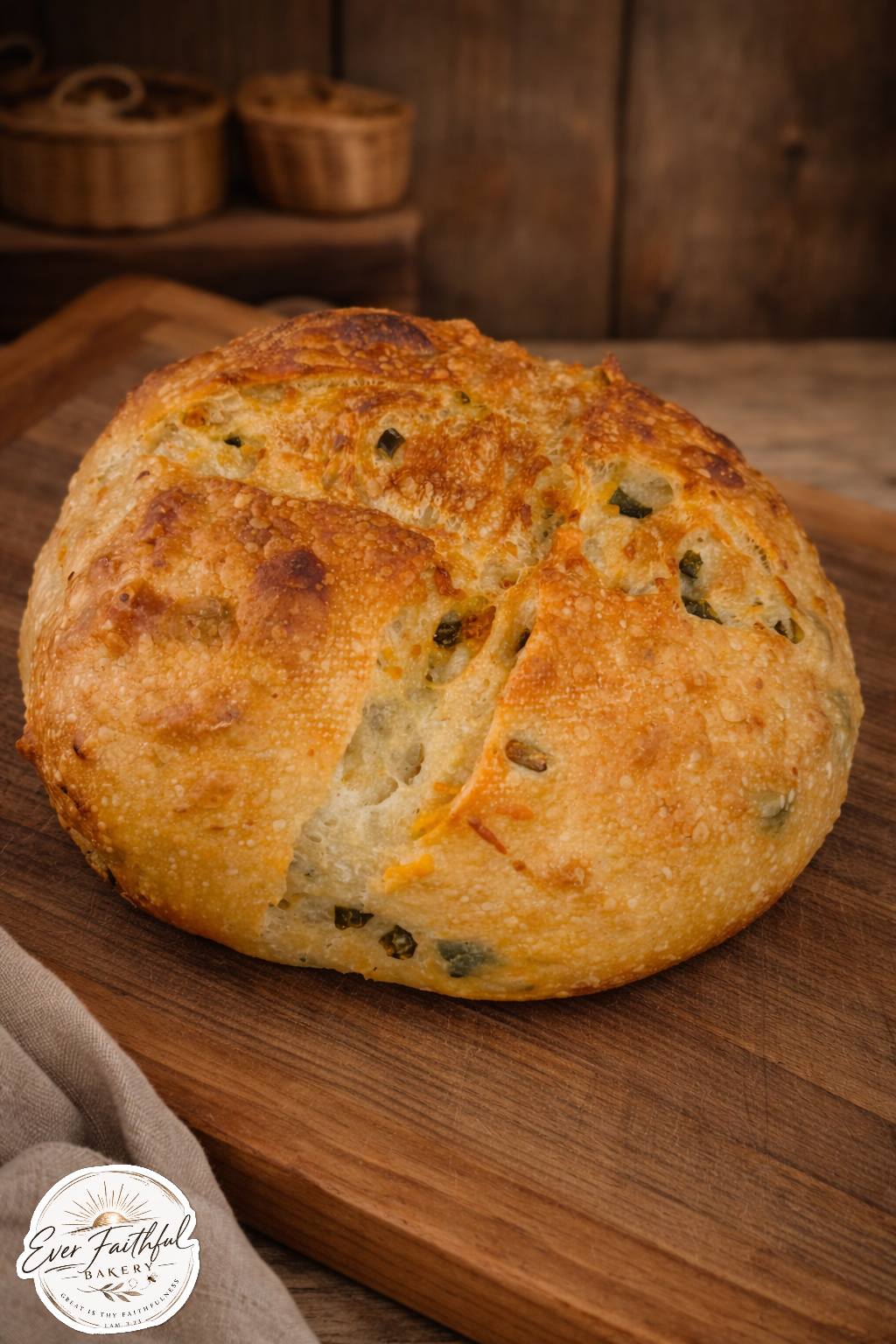 Jalapeño cheddar sourdough boule with melted cheese on top