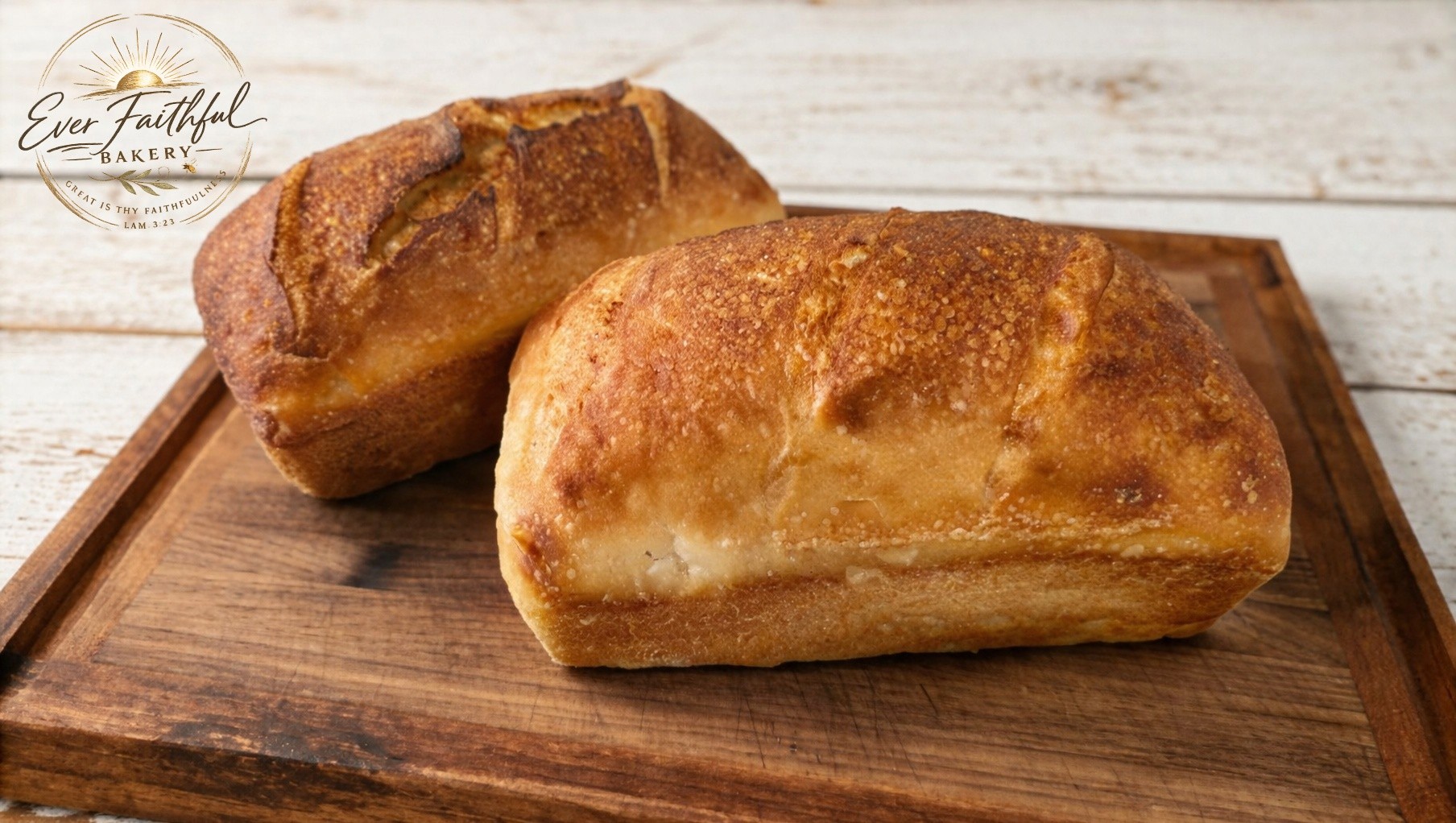 Two miniature sourdough loaves with thick golden crusts