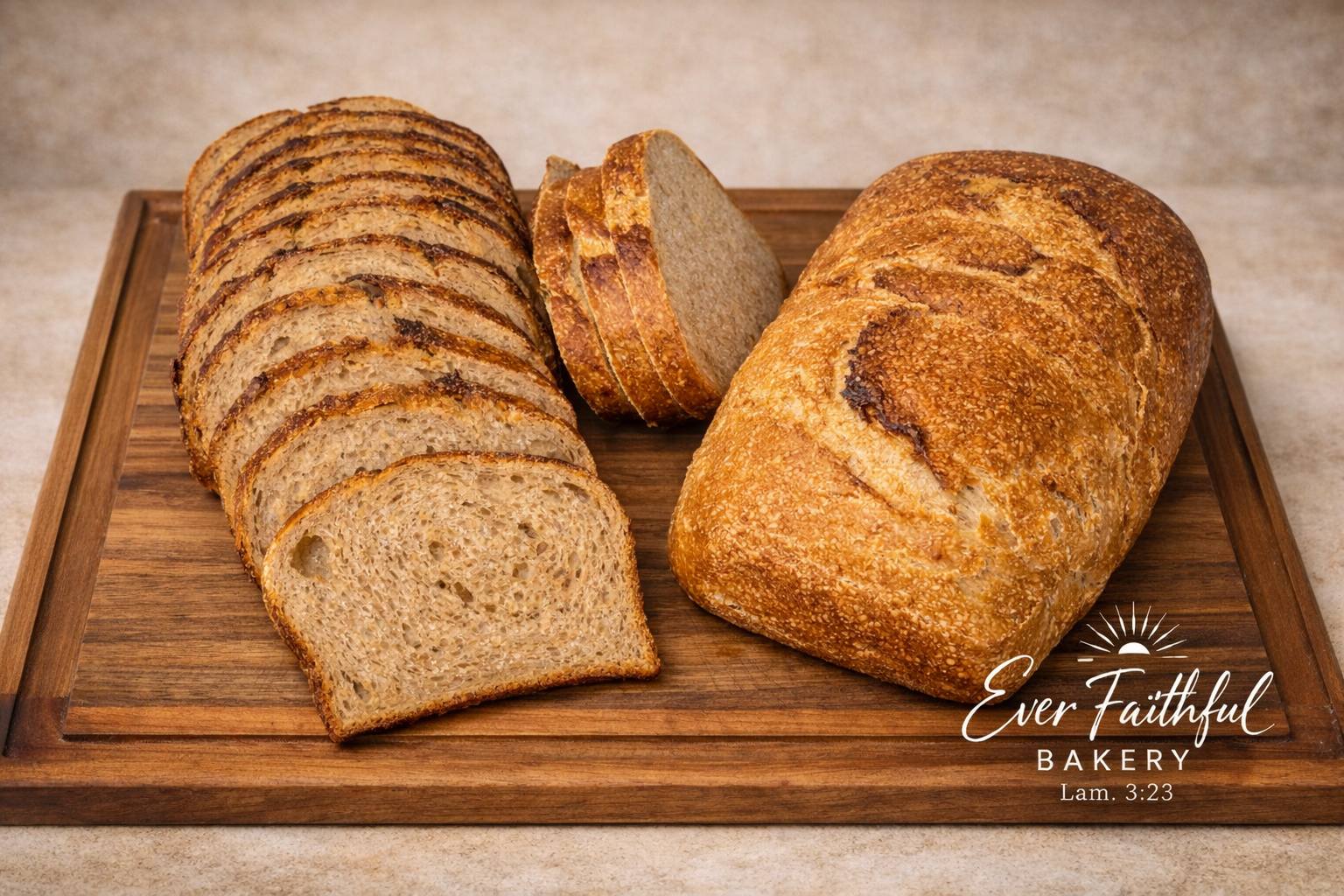 Sliced multigrain sandwich loaf on a wooden cutting board