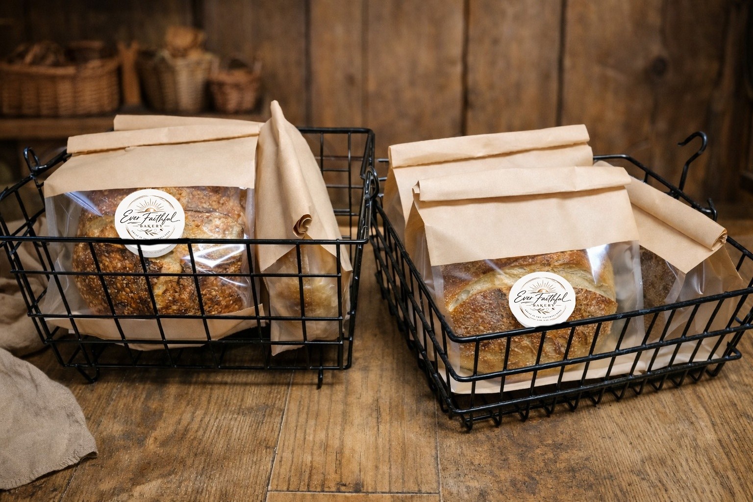 Wire baskets holding packaged sourdough loaves with the bakery sticker
