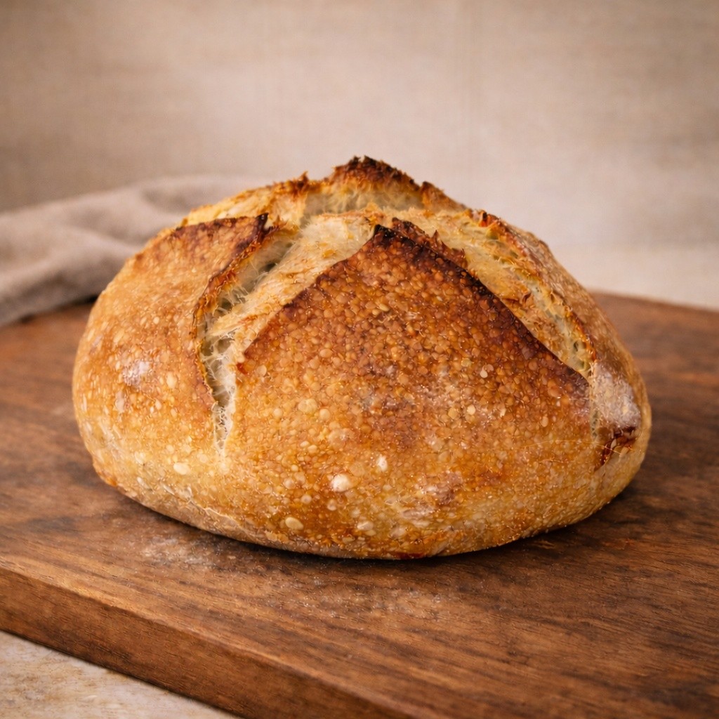 Crackled, golden sourdough loaf fresh from the oven