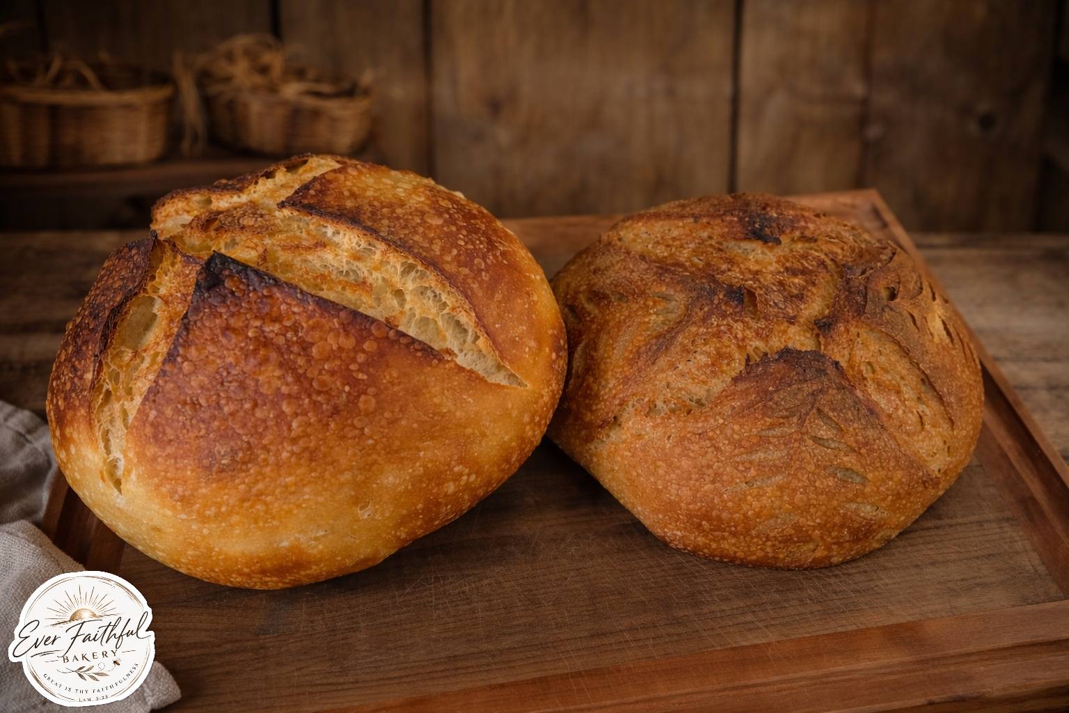 Two crusty rustic sourdough boules with hand-scored tops